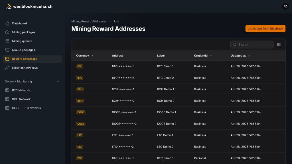 Anonymized reward addresses screenshot